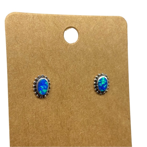 Blue Fire Opal Stud Earrings Solid Sterling Silver 925 Dainty Stone Boho Jewelry - Picture 5 of 7